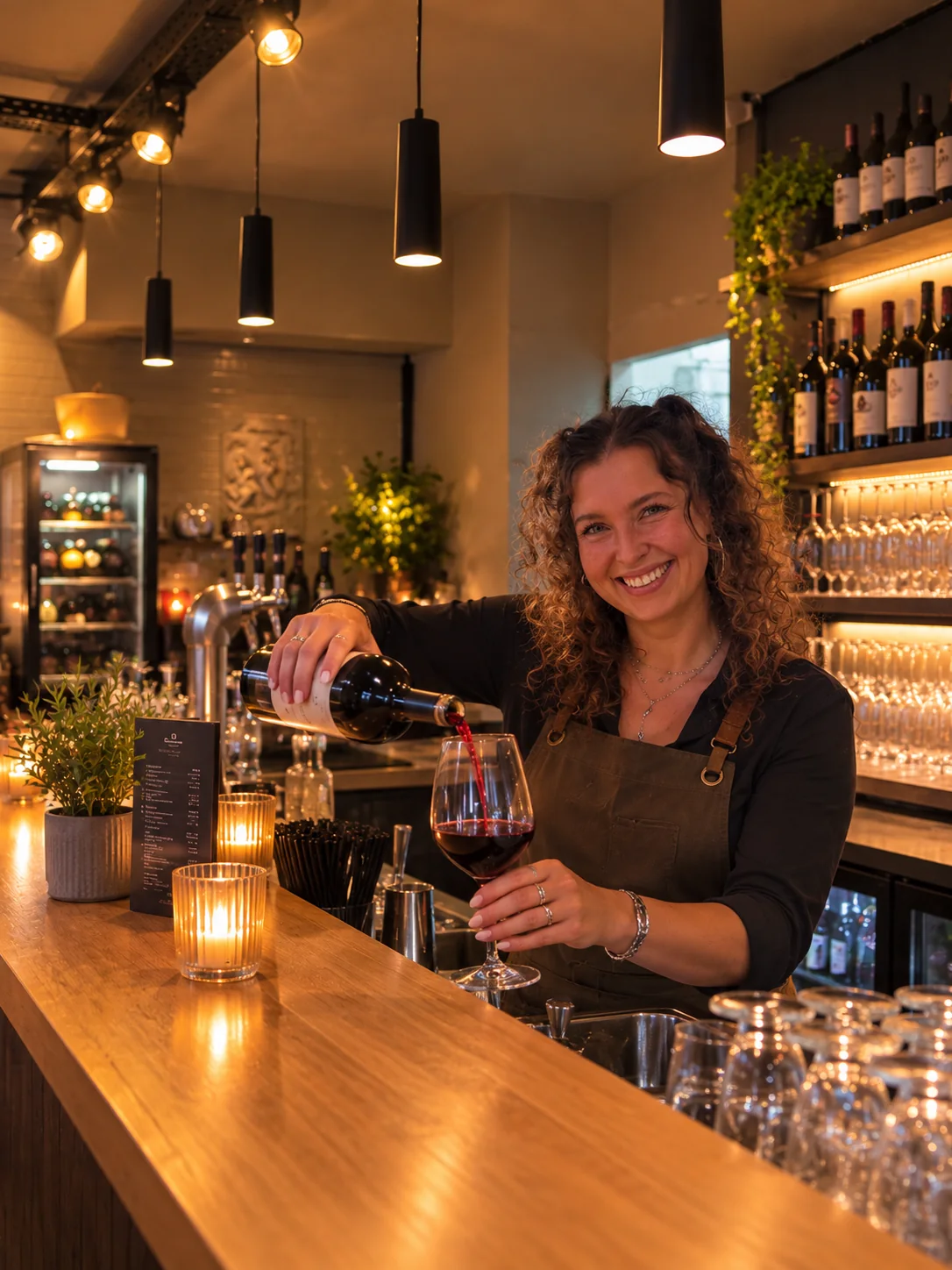 Wendy schenkt an der WeinZeit-Theke Rotwein in ein Glas ein