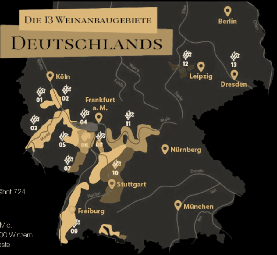 Deutschlandkarte mit den 13 nummerierten Weinanbaugebieten von Ahr bis Sachsen